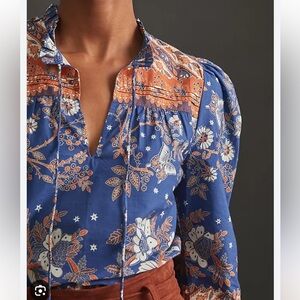 Anthropologie Floral Blue and Orange Women’s Blouse